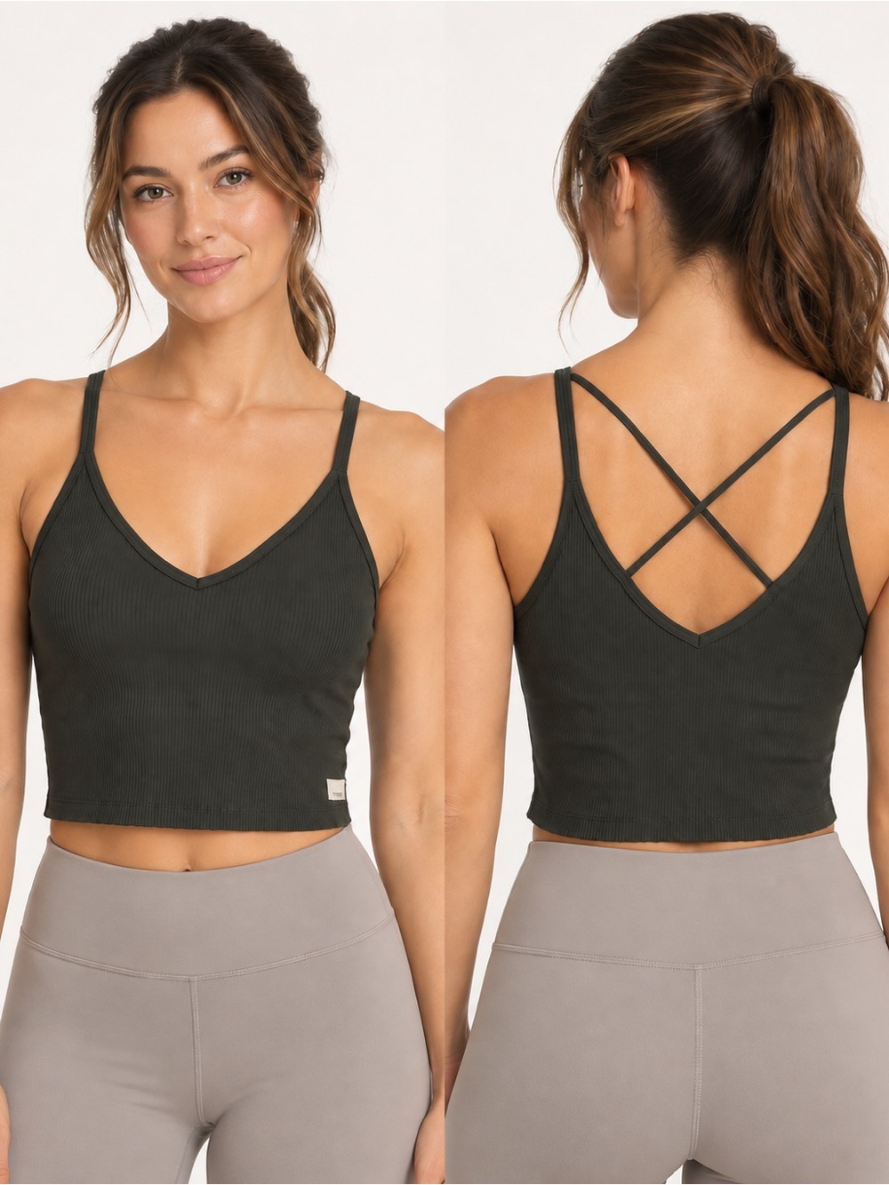 Vuori Rib Crop Tank Oregano Green Strappy Yoga Top Built-In Bra Large